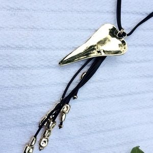 Gold heart with black leather adjustable cord necklace